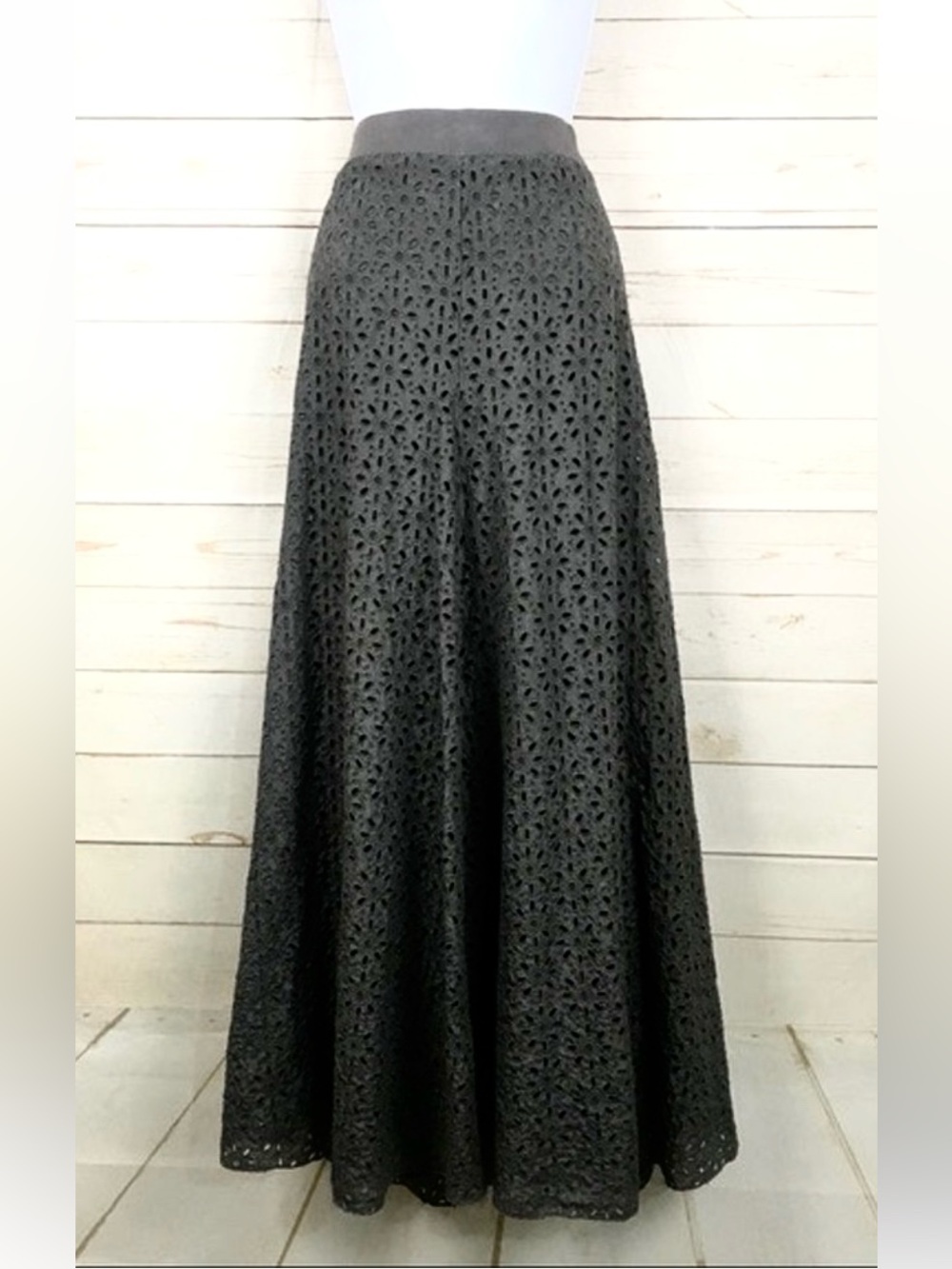 “Vintage Johnny Was” Black Silk Eyelet Embroidered Maxi Skirt Bohemian A-Line- S